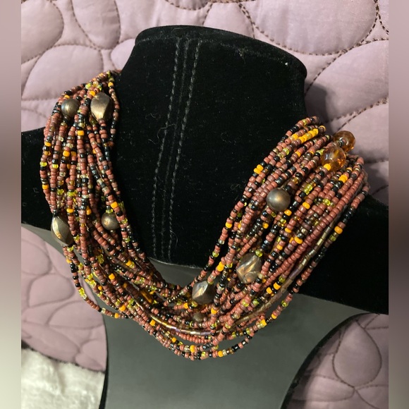 EsMor Orange Brown Multi Strand Glass Seeded Beaded 15” Necklace W/ 3” Extender - Picture 2 of 11